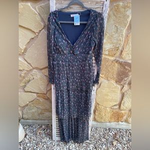 NWT HAUTE NITES Sz 11 LAYERed MAXI V-NECK FLORAL SPARKLE LONG-SLEEVE DRESS.